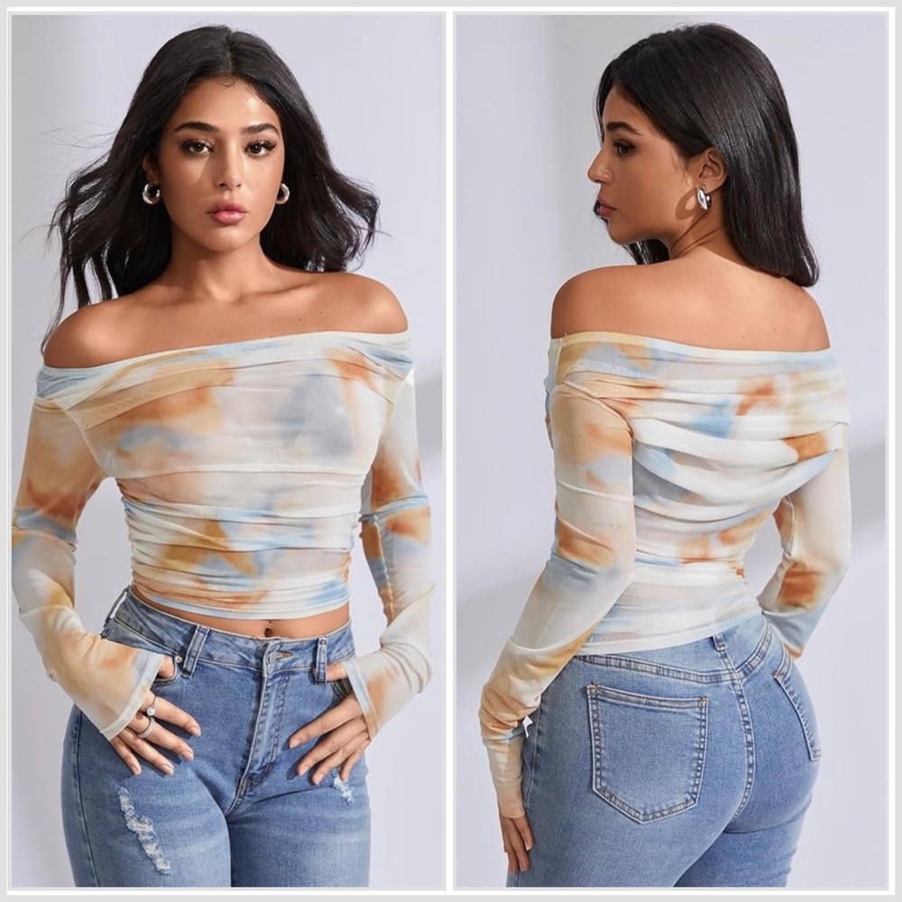 3/$30 SHEIN BAE Tie-Dye Mesh Print Asymmetrical Ruch
Multicolor Top / US S NWT